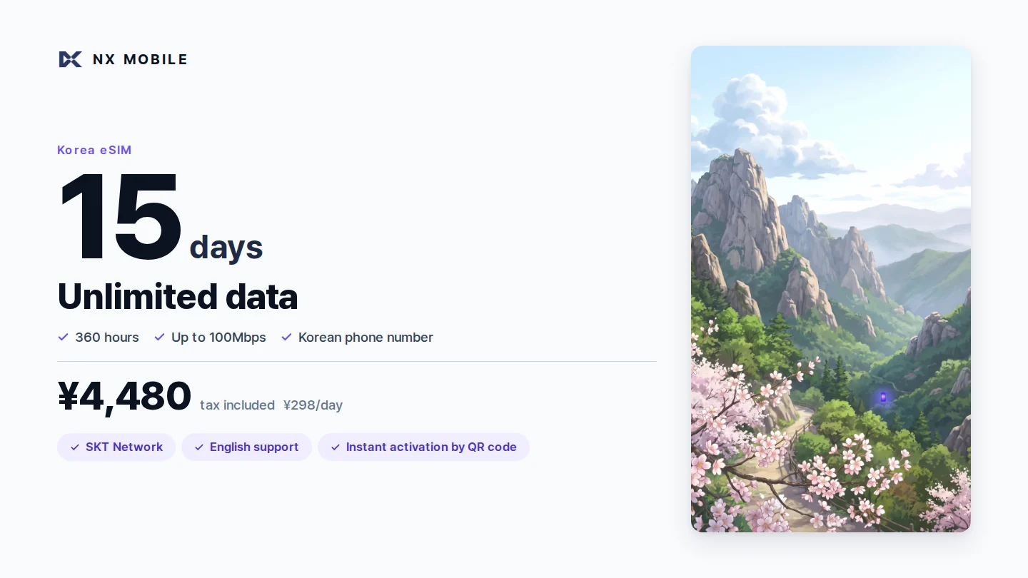 NX MOBILE Korea eSIM, unlimited data, 15 days (SKT network)