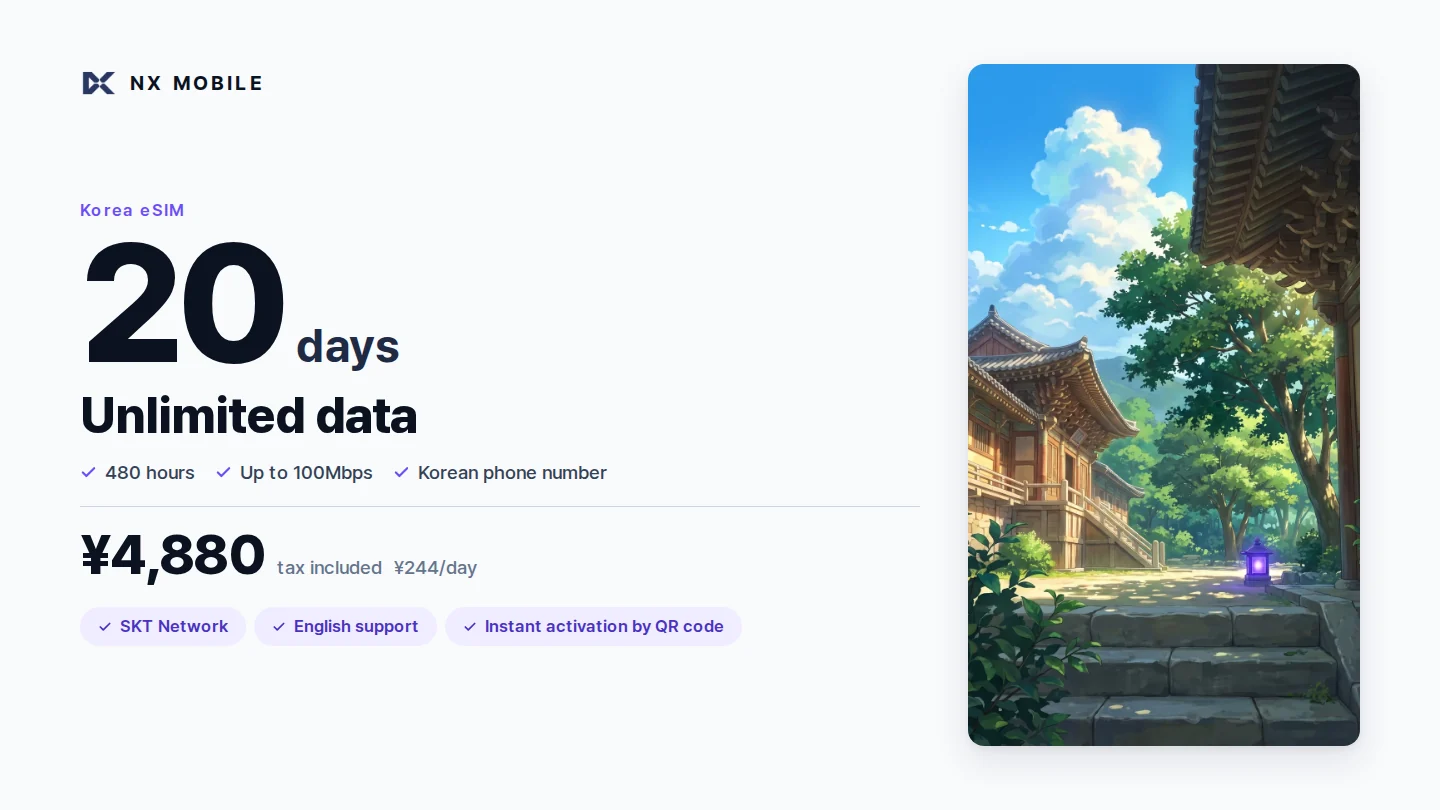 NX MOBILE Korea eSIM, unlimited data, 20 days (SKT network)
