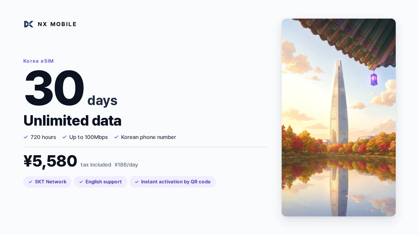 NX MOBILE Korea eSIM, unlimited data, 30 days (SKT network)