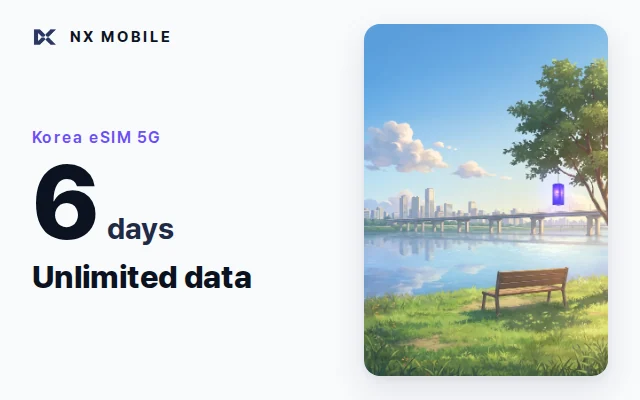 NX MOBILE Korea eSIM 5G, unlimited data, 6 days (SKT network)