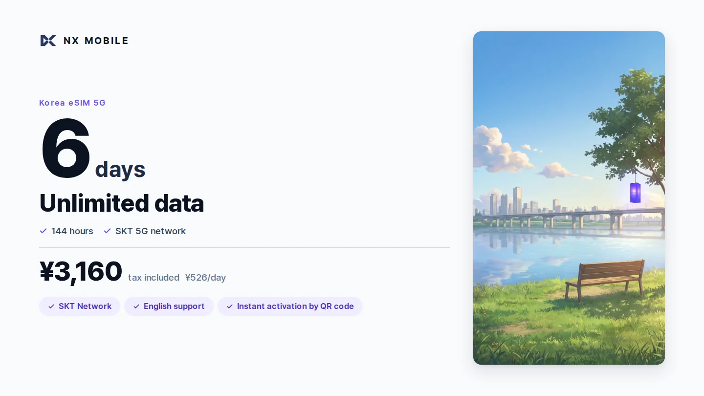 NX MOBILE Korea eSIM 5G, unlimited data, 6 days (SKT network)