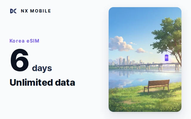 NX MOBILE Korea eSIM, unlimited data, 6 days (SKT network)