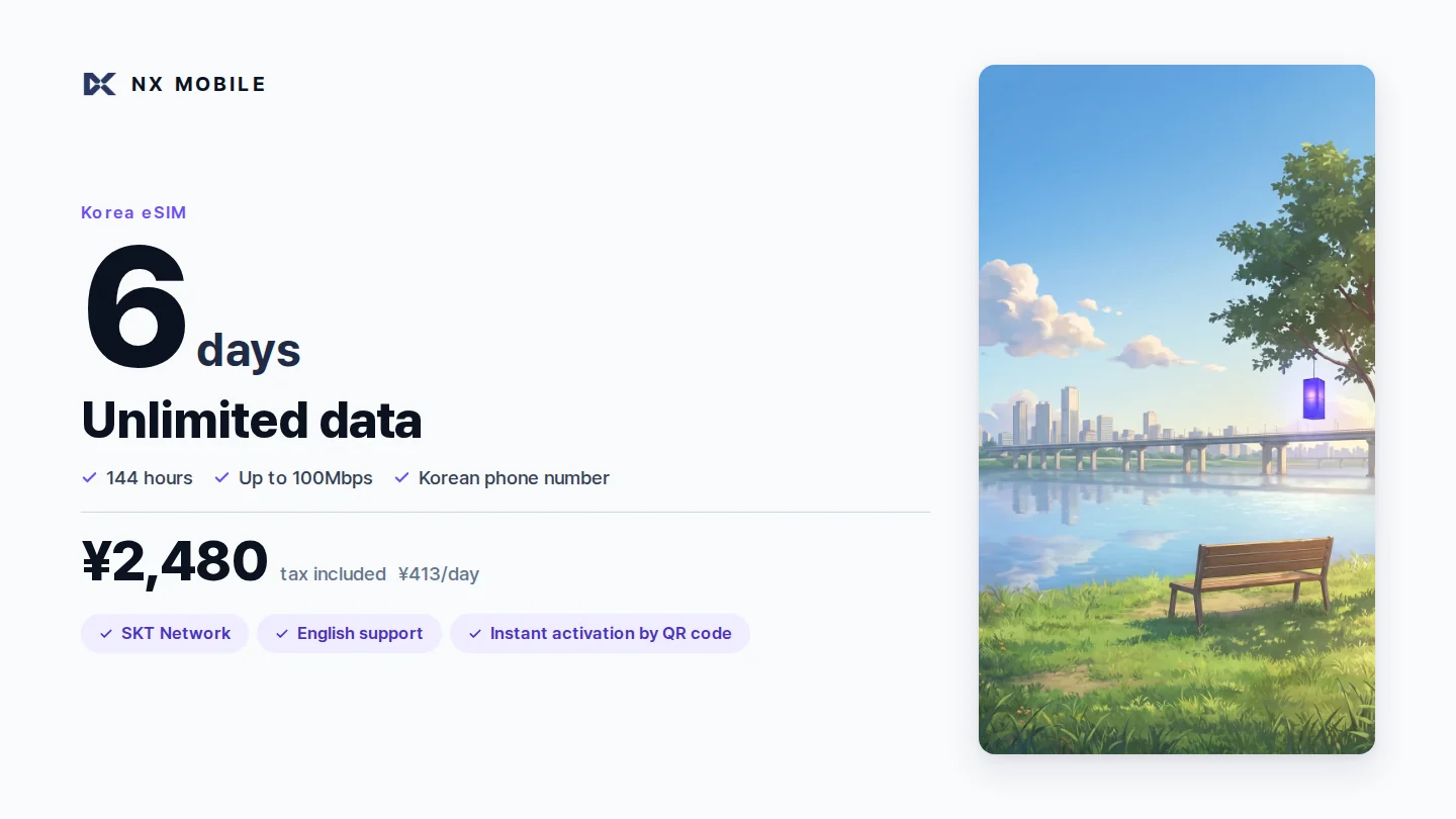 NX MOBILE Korea eSIM, unlimited data, 6 days (SKT network)